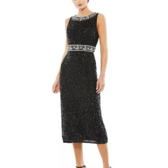 Mac Duggal Black Sequin Sleeveless Sheath Midi Cocktail Dress - Picture 2 of 3